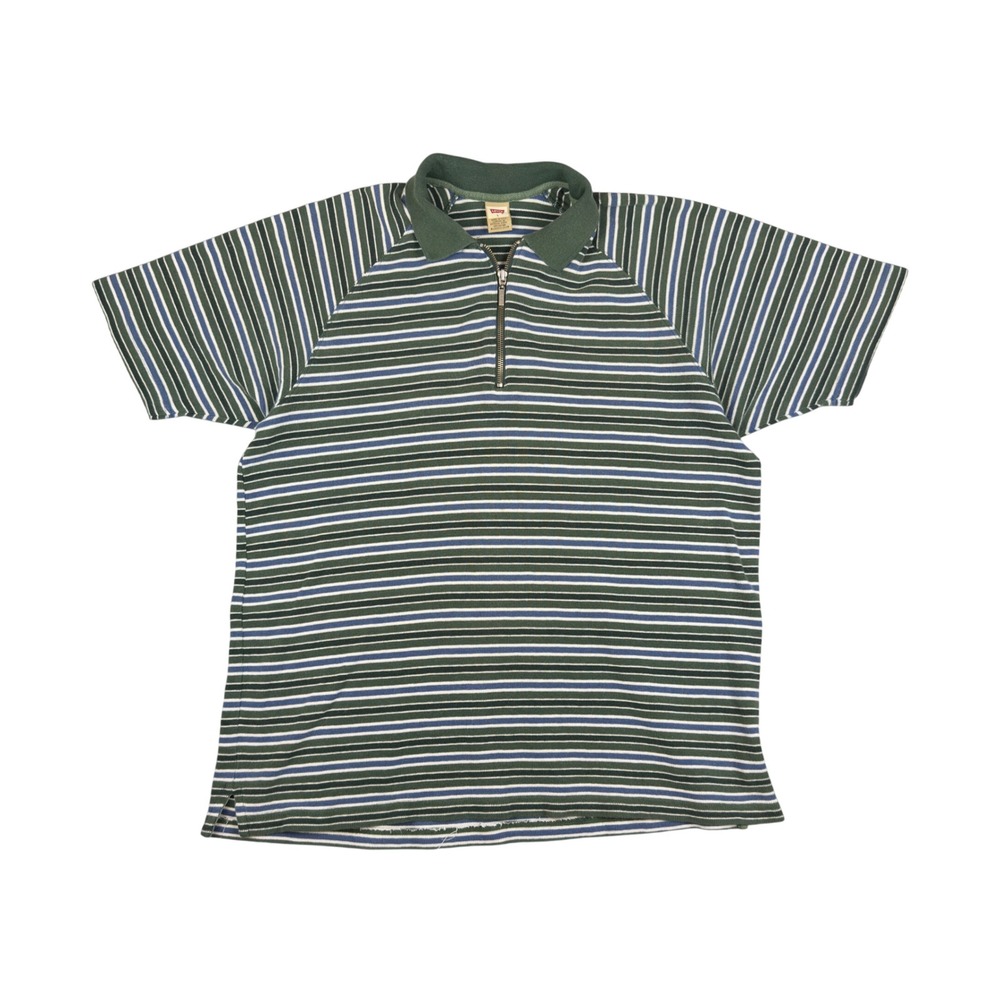 Vtg 90s Levi's Jeans Polo Men's L Green Striped 1/4 Zip Relaxed Fit USA Made